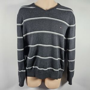 Tommy Hilfiger Men's Gray Cotton V Neck Striped Sweater Long Sleeve Size Large
